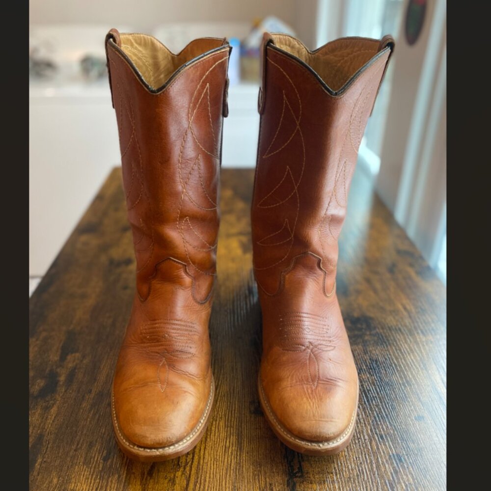 Vintage 1970s Double H Leather Cowboy Boots Men's Size 8.5 Unisex Western - Picture 4 of 13